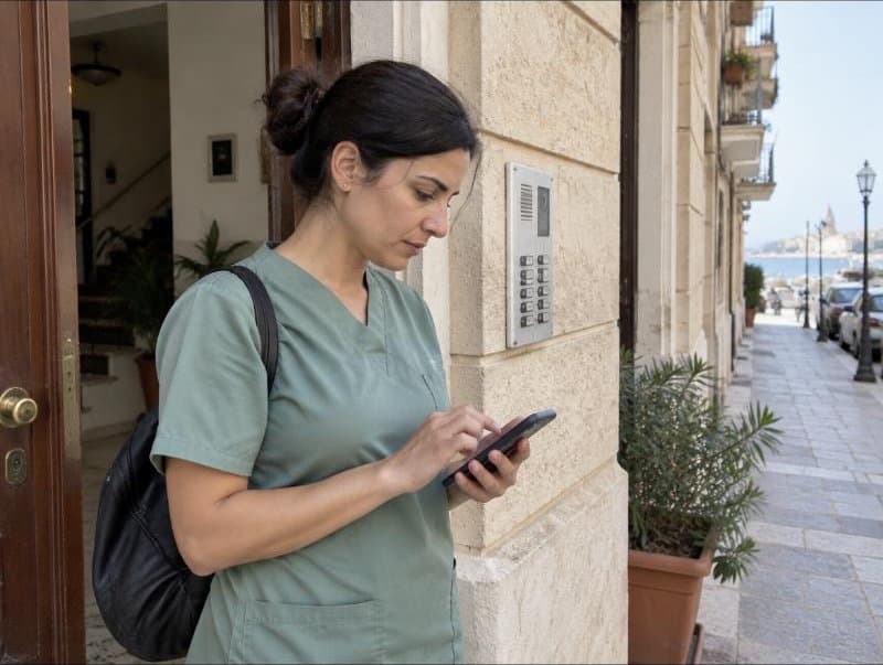 Un'operatrice registra l'arrivo dallo smartphone davanti al portone dell'utente