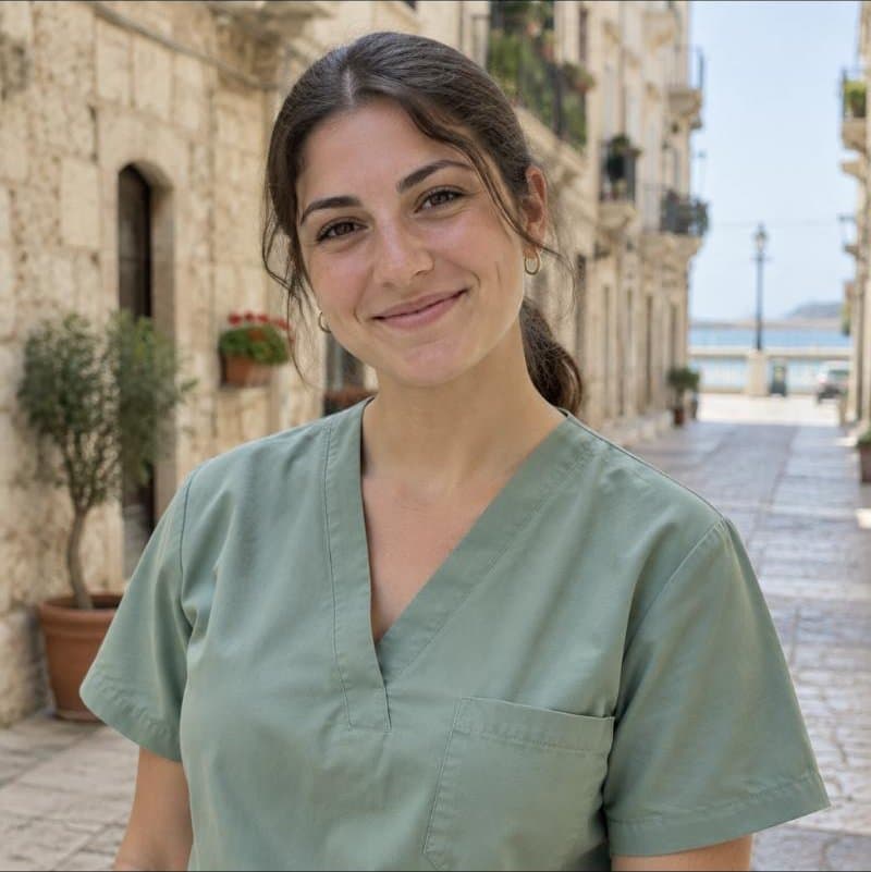 Ritratto di un'operatrice socio-sanitaria sorridente in divisa verde, in una via del centro